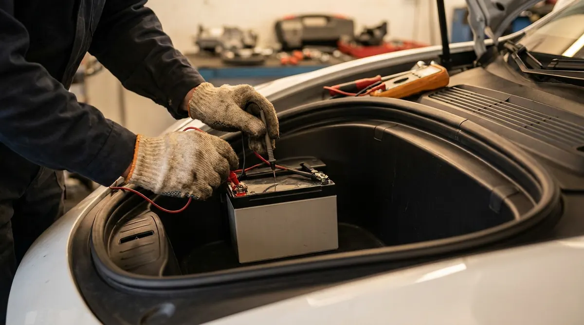 Mechanic checking a small 12V battery in an electric vehicle frunk