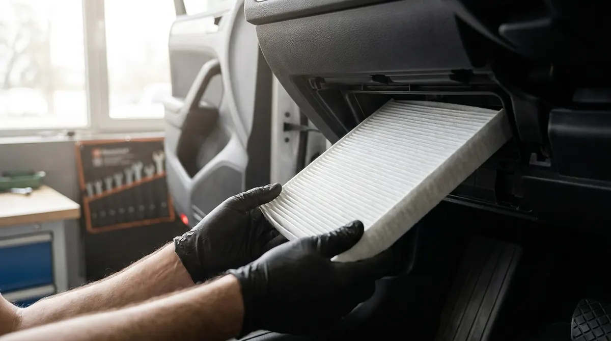 Hands replacing a cabin air filter in a car footwell