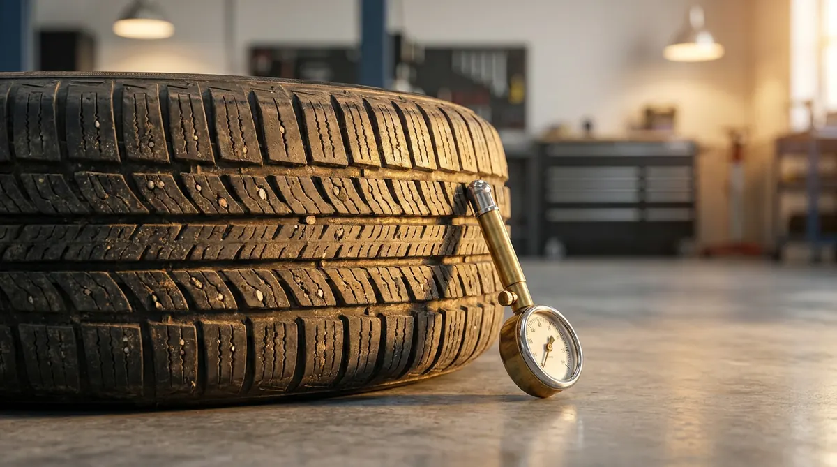 Close-up of a tire tread with a pressure gauge in a garage