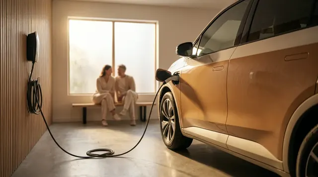 Electric vehicle plugged into a home Level 2 charger at golden hour