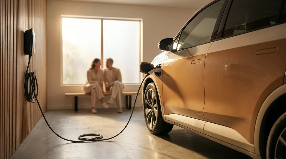 Electric vehicle plugged into a home Level 2 charger at golden hour