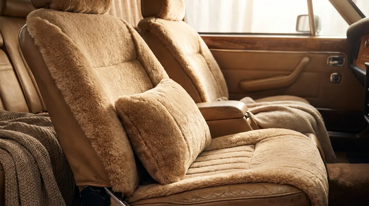 Plush seat cover and lumbar cushion in a warm-lit car cabin