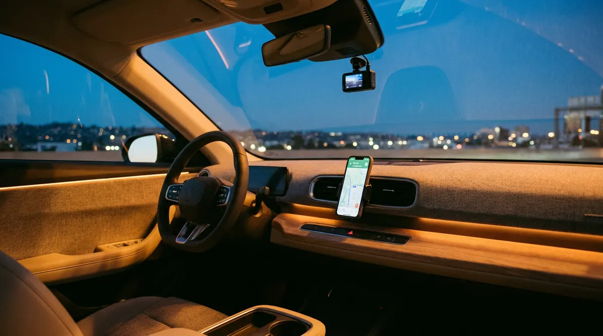 EV dashboard with phone mount and dash camera at dusk
