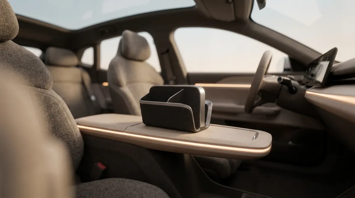Minimalist EV center console organizer with ambient lighting