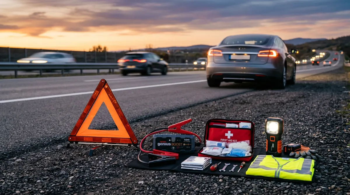 Roadside emergency kit laid out beside a parked electric vehicle