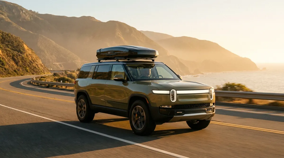 Electric vehicle with roof cargo carrier on a scenic highway at golden hour