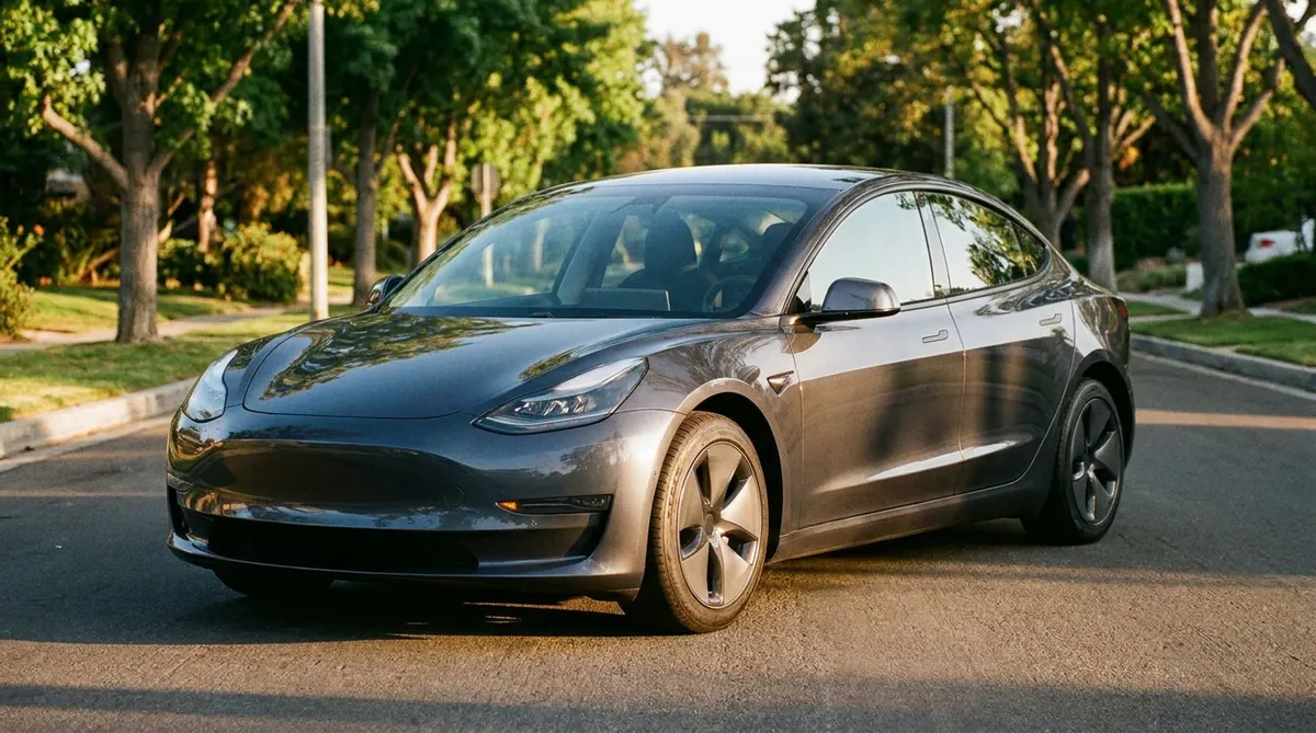 Tesla Model 3 parked, editorial photograph